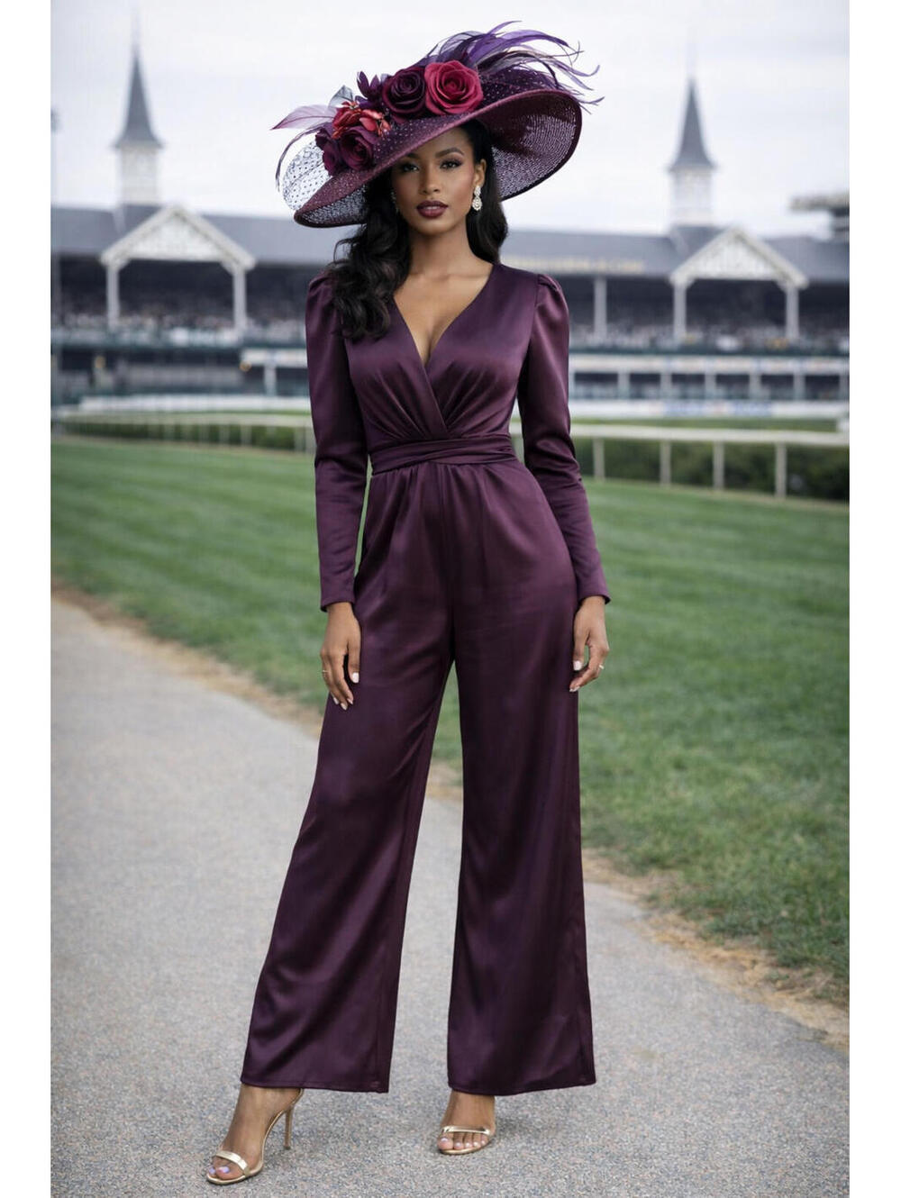 Ieena Mac Duggal Plum Satin Jumpsuit Size 0 NWT Long Sleeve Wide Leg Evening Coc - Picture 1 of 5